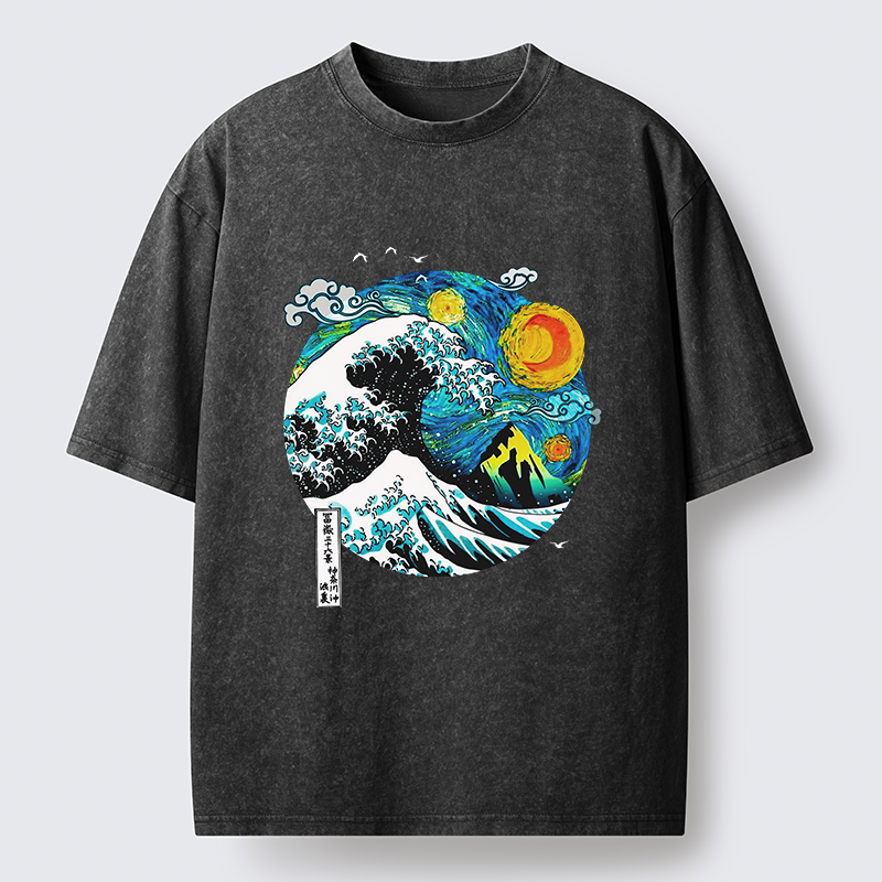 Tokyo-Tiger Oil Painting Ukiyo-e Wave Washed T-Shirt