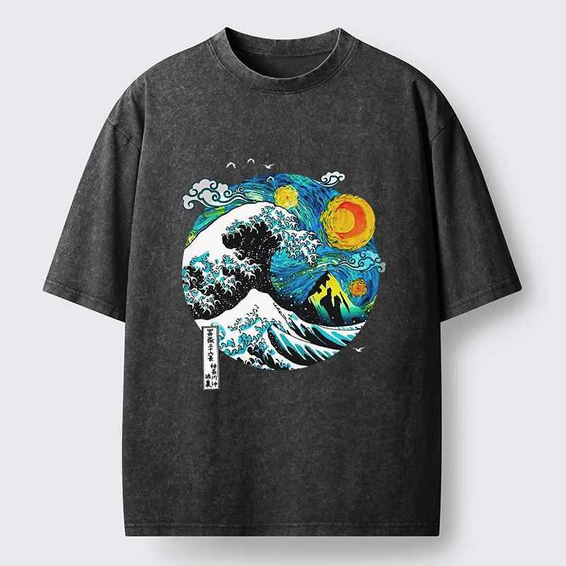 Tokyo-Tiger Oil Painting Ukiyo-e Wave Washed T-Shirt