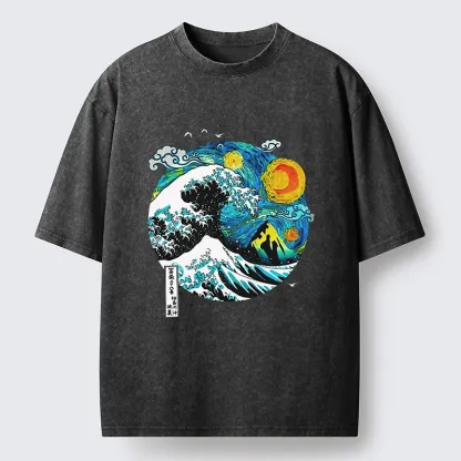 Tokyo-Tiger Oil Painting Ukiyo-e Wave Washed T-Shirt