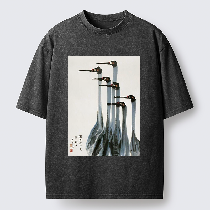 Tokyo-Tiger Retro Crane Painting Washed T-Shirt