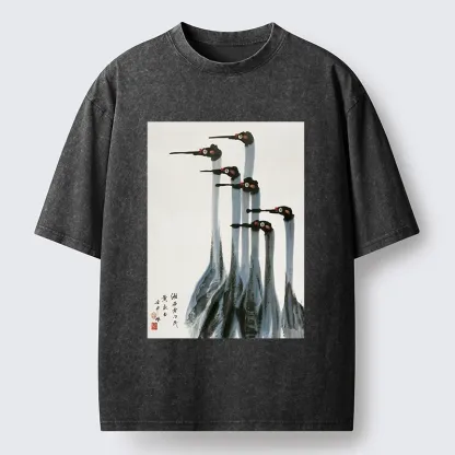 Tokyo-Tiger Retro Crane Painting Washed T-Shirt