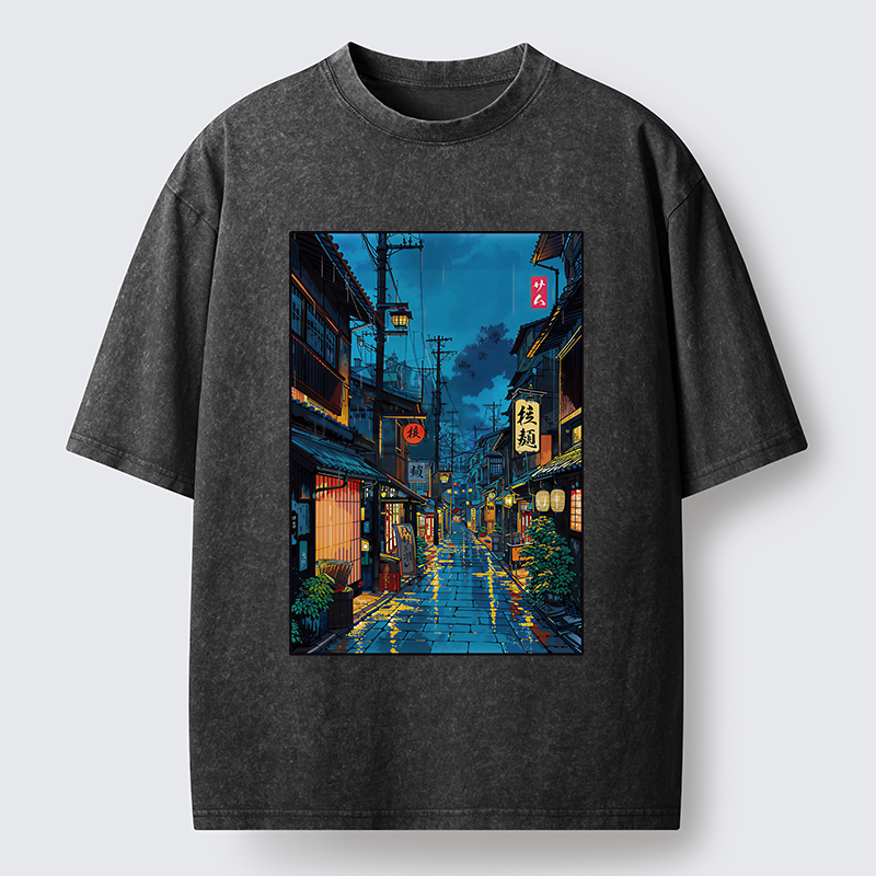 Tokyo-Tiger Japanese Teahouse Street Scene Washed T-Shirt