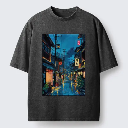 Tokyo-Tiger Japanese Teahouse Street Scene Washed T-Shirt