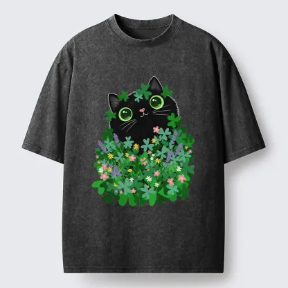 Tokyo-Tiger Black Cat On St. Patrick's Day Washed T-Shirt