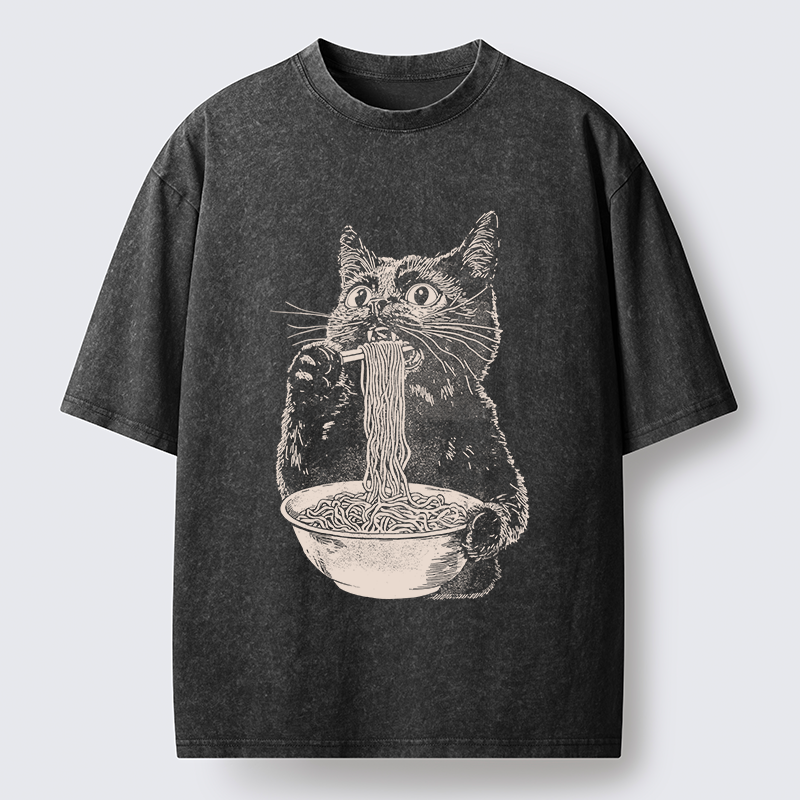 Tokyo-Tiger Black Cat Eats A Large Portion Of Ramen Washed T-Shirt
