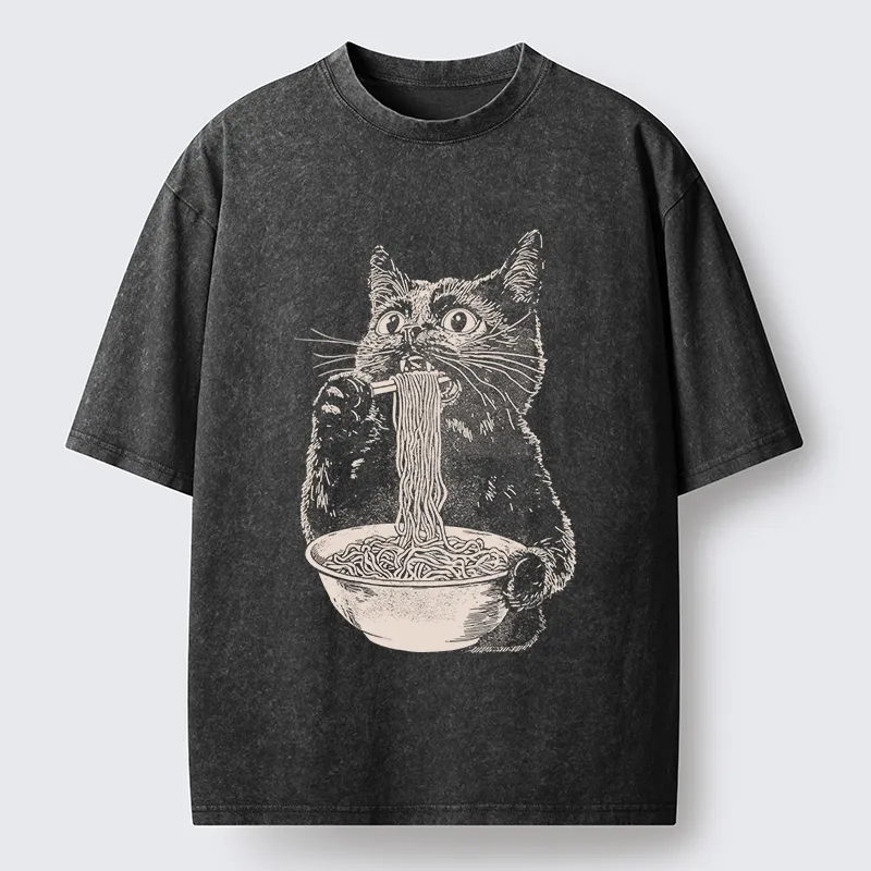 Tokyo-Tiger Black Cat Eats A Large Portion Of Ramen Washed T-Shirt