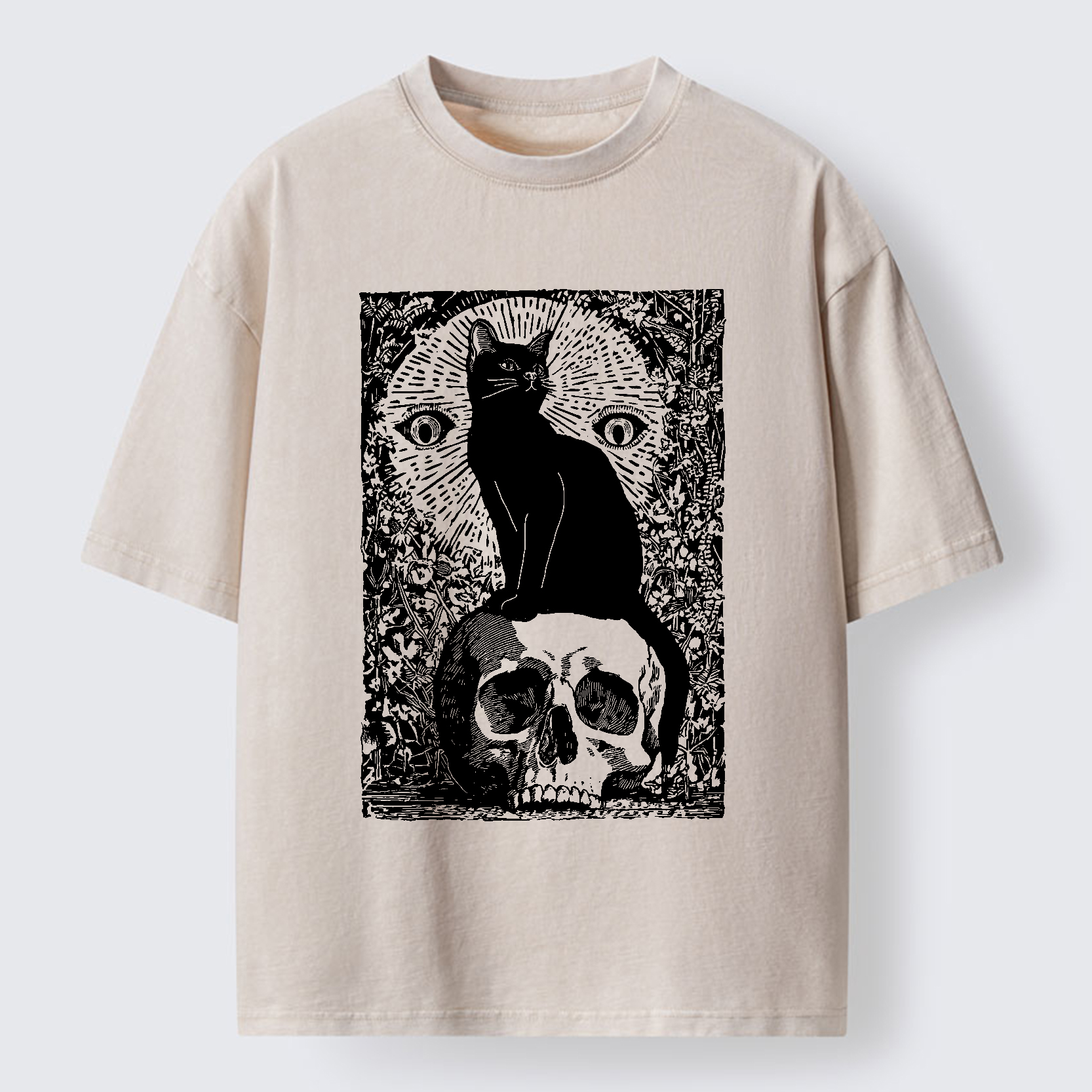 Tokyo-Tiger Black Cat Sitting On the Skull Washed T-Shirt