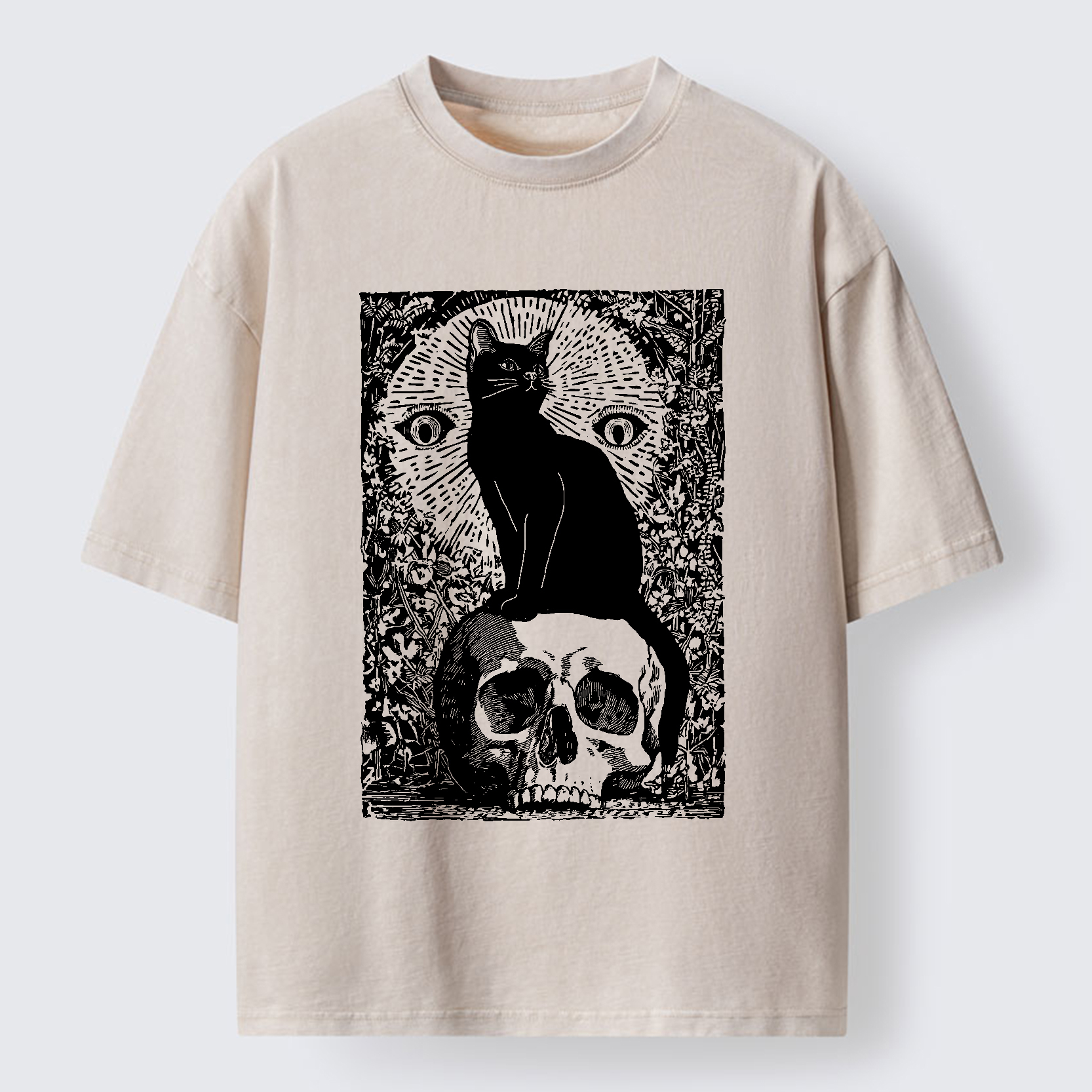 Tokyo-Tiger Black Cat Sitting On the Skull Washed T-Shirt