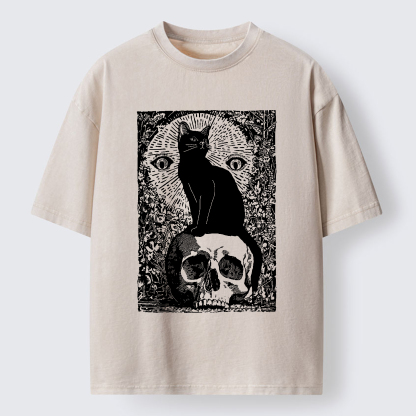 Tokyo-Tiger Black Cat Sitting On the Skull Washed T-Shirt