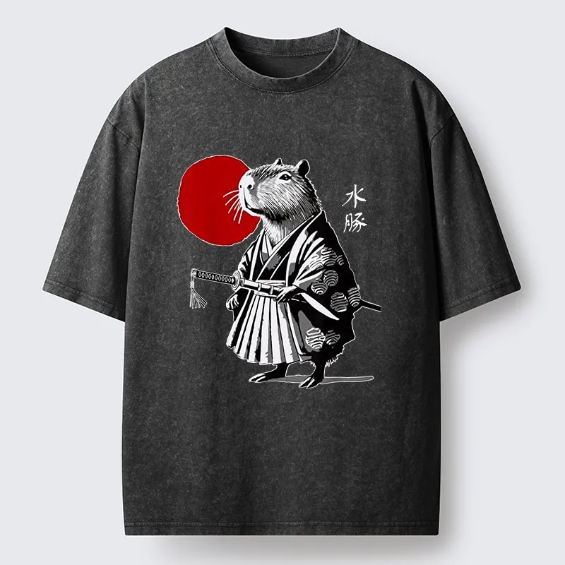 Tokyo-Tiger Capybara Samurai And Sun Washed T-Shirt