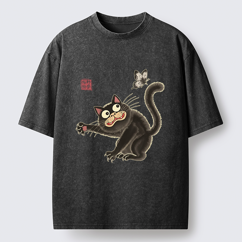 Tokyo-Tiger Cat Catching Butterflies Washed T-Shirt