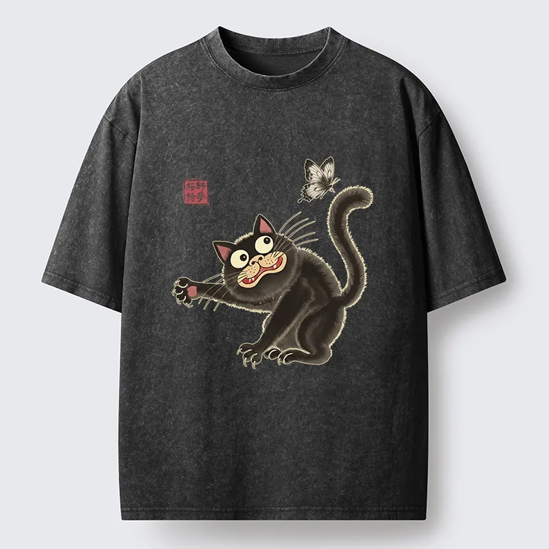 Tokyo-Tiger Cat Catching Butterflies Washed T-Shirt