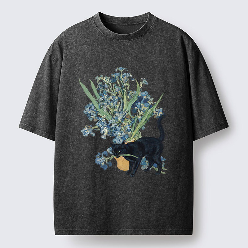 Tokyo-Tiger Black Cat And Orchid Washed T-Shirt