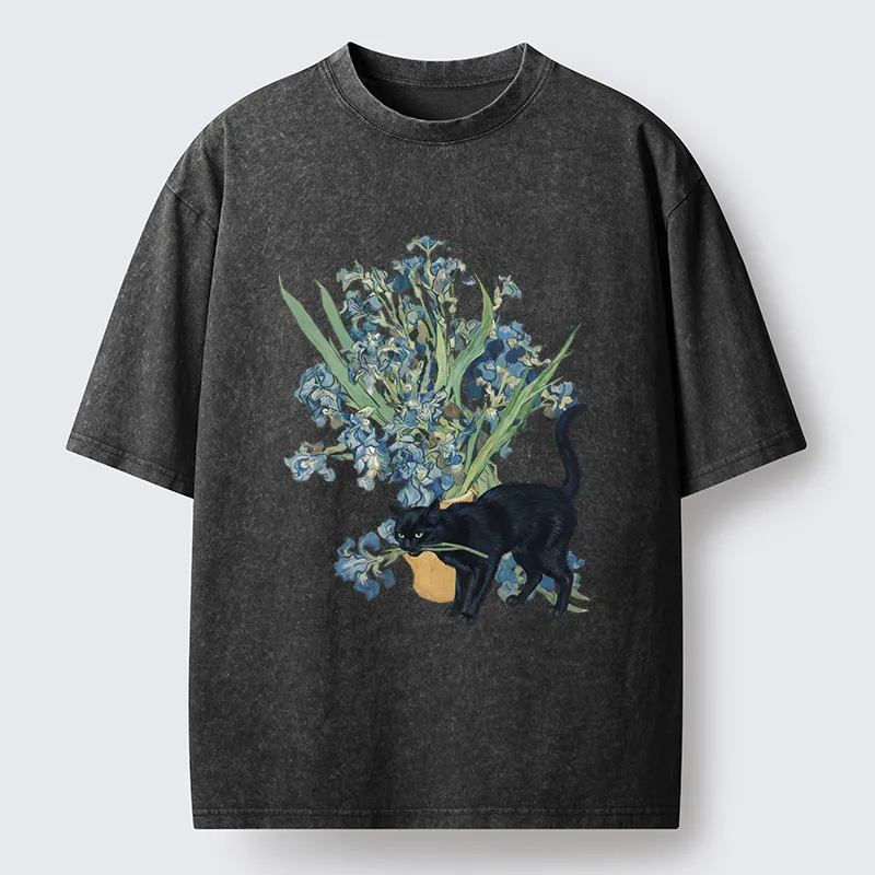 Tokyo-Tiger Black Cat And Orchid Washed T-Shirt