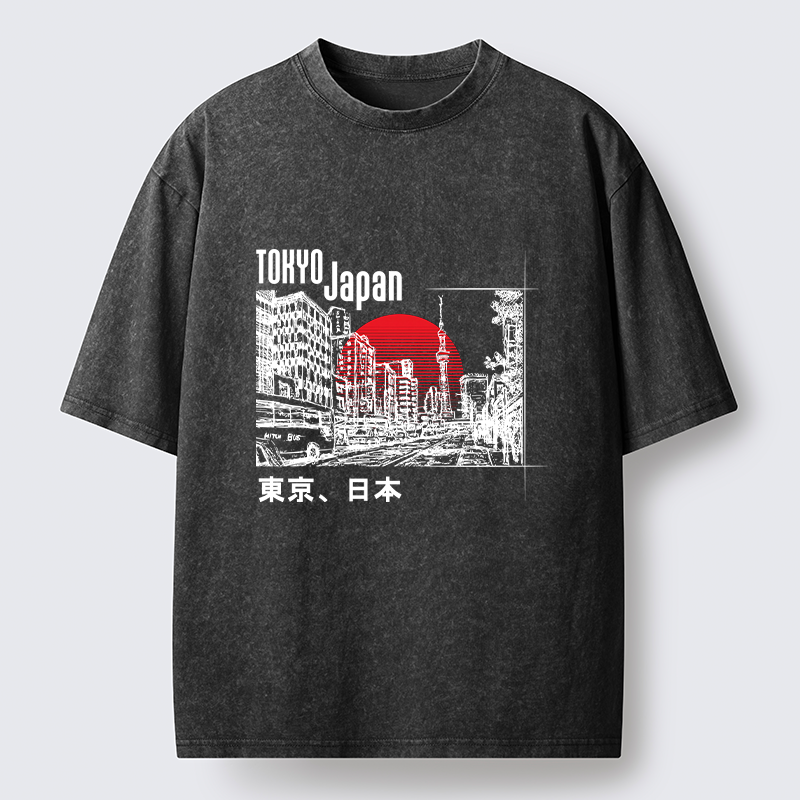 Tokyo-Tiger Bustling Street Scene In Japan Washed T-Shirt
