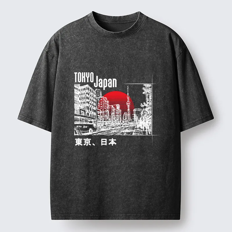 Tokyo-Tiger Bustling Street Scene In Japan Washed T-Shirt