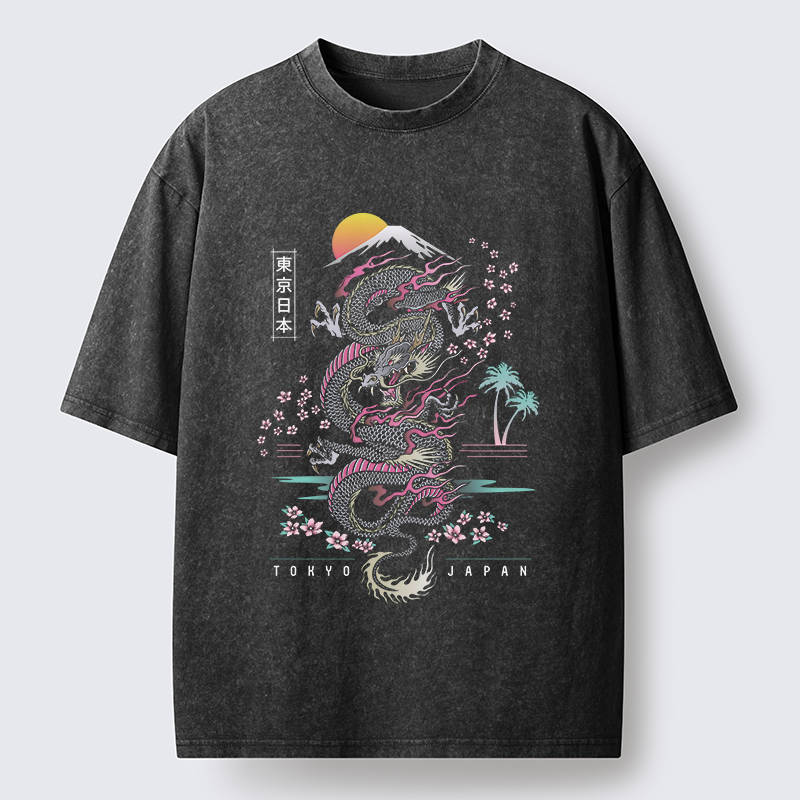 Tokyo-Tiger Retro Japanese Dragon Washed T-Shirt