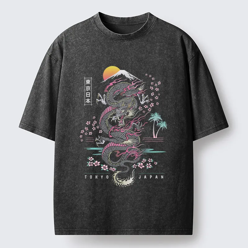 Tokyo-Tiger Retro Japanese Dragon Washed T-Shirt