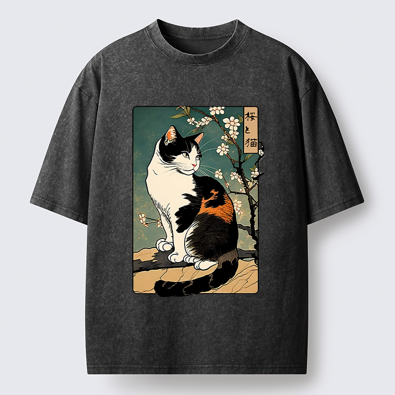 Tokyo-Tiger The Cat Under the Sakura Washed T-Shirt