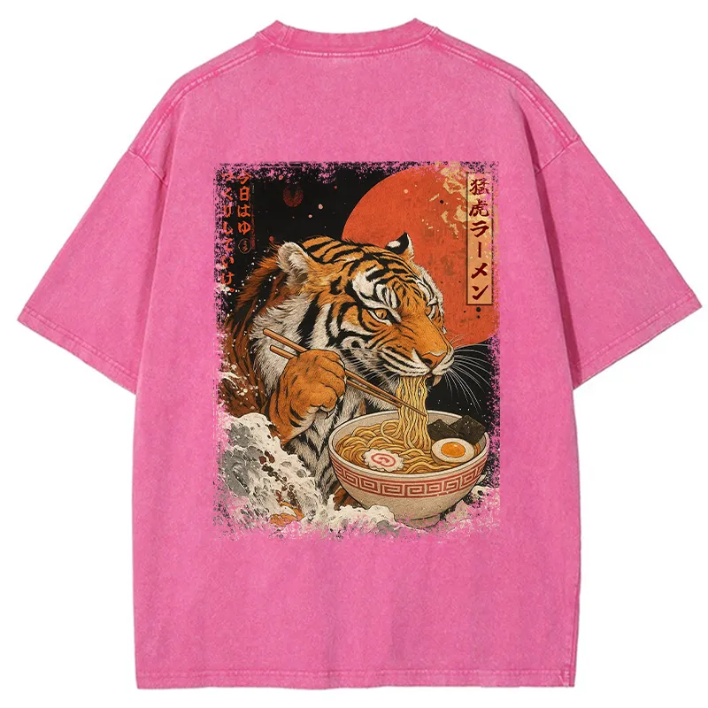 Tokyo-Tiger Ukiyoe Japan Tiger Eating Ramen Back Washed T-Shirt