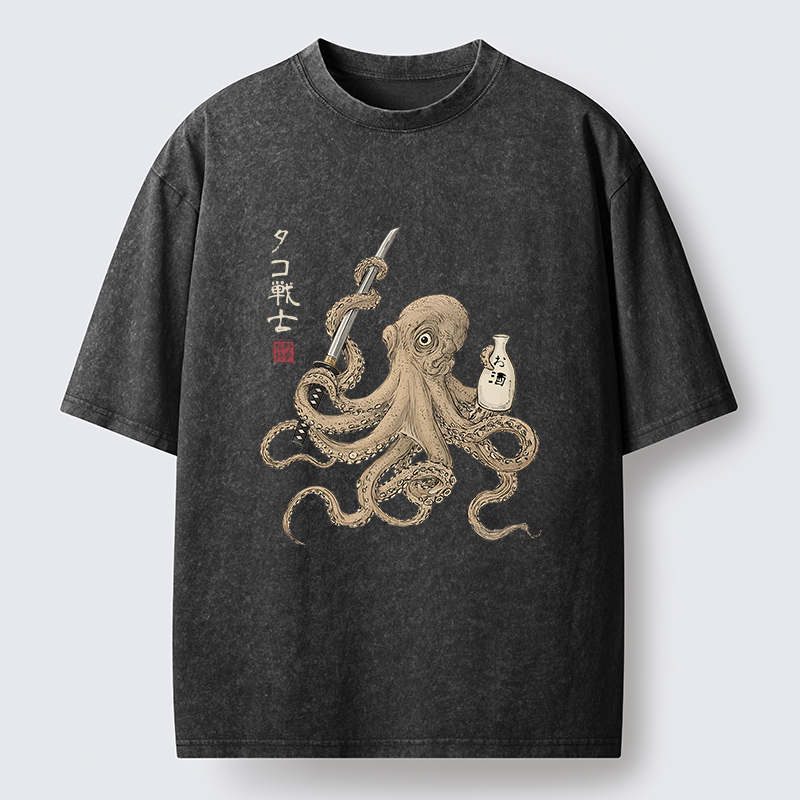 Tokyo-Tiger Octopus Samurai And Sake Washed T-Shirt