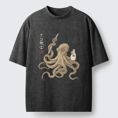 Tokyo-Tiger Octopus Samurai And Sake Washed T-Shirt