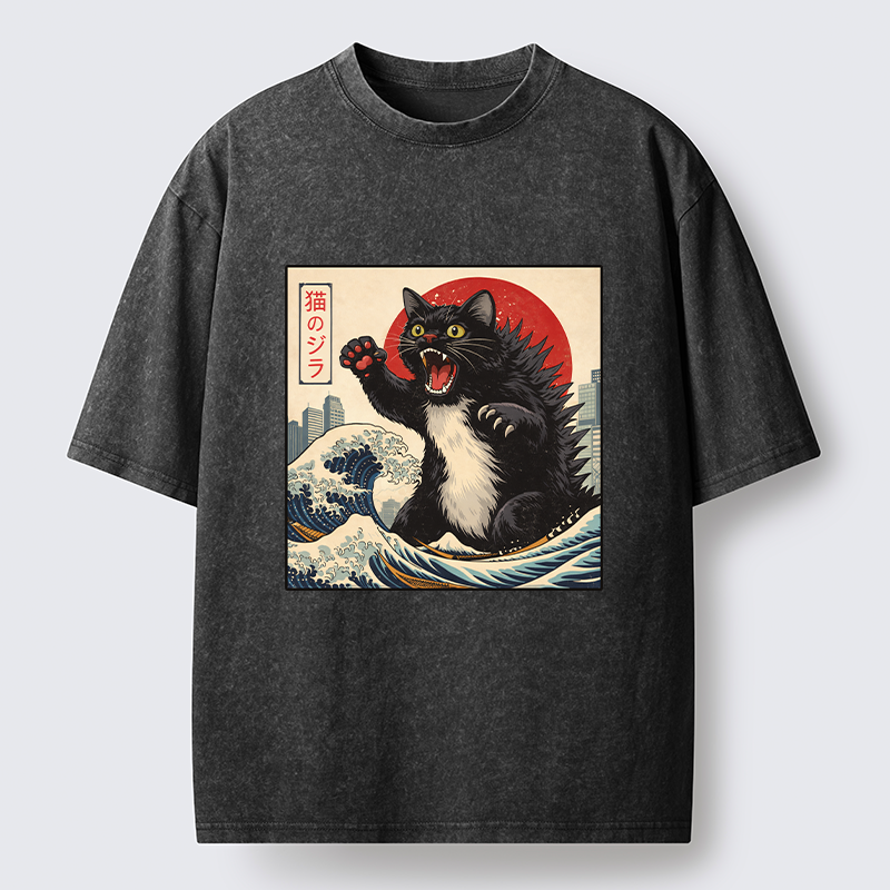 Tokyo-Tiger Black Cat Eats A Big Bowl Of Ramen Funny Washed T-Shirt