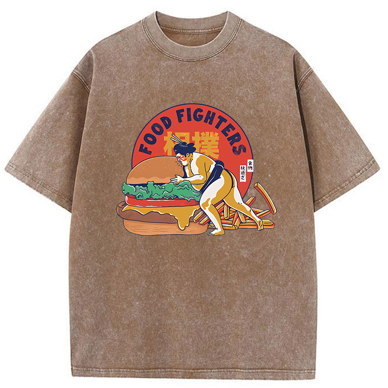 Tokyo-Tiger Sumo Wrestler Pushing Burger Washed T-Shirt