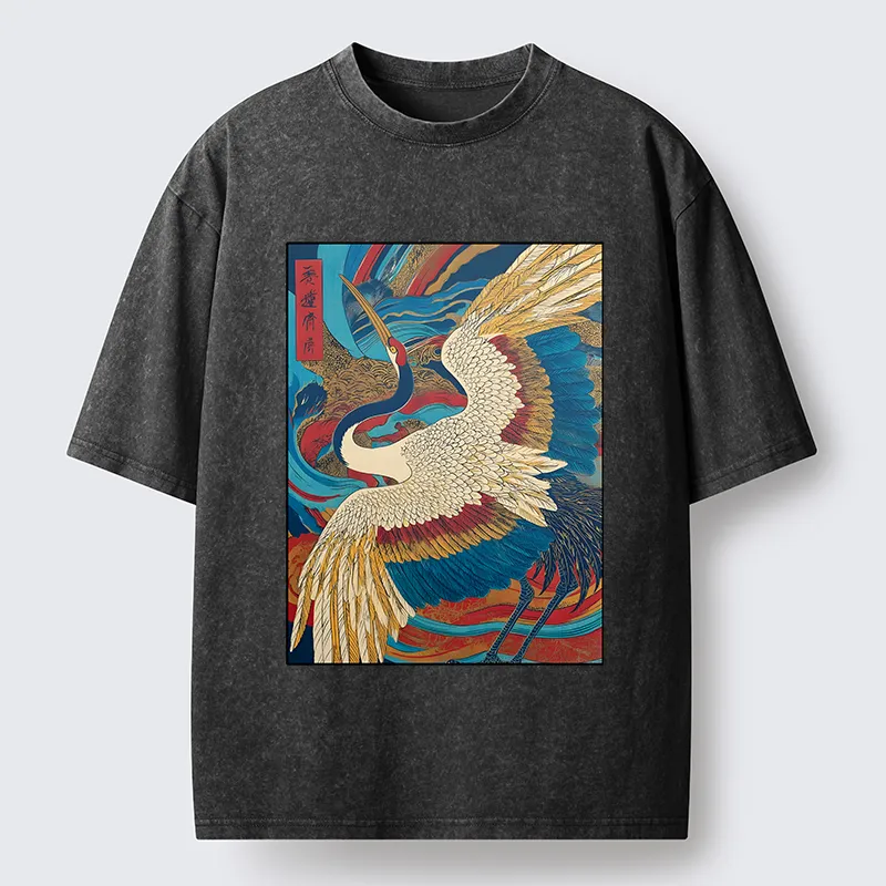 Tokyo-Tiger Retro And Gorgeous Crane Washed T-Shirt