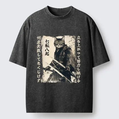 Tokyo-Tiger Samurai Japanese Cat Washed T-Shirt