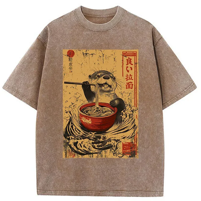 Tokyo-Tiger Otter Eating Ramen Japanese Washed T-Shirt