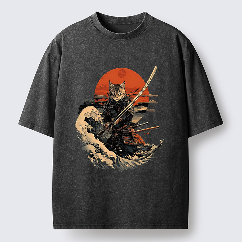 Tokyo-Tiger Handsome Cat Samurai Japanese Washed T-Shirt