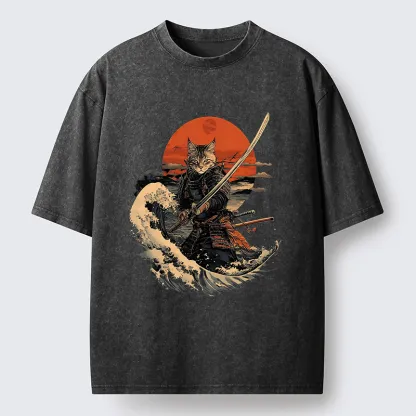 Tokyo-Tiger Handsome Cat Samurai Japanese Washed T-Shirt