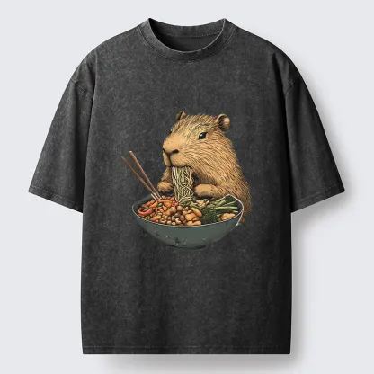 Tokyo-Tiger Capybara Eating Ramen Funny Washed T-Shirt