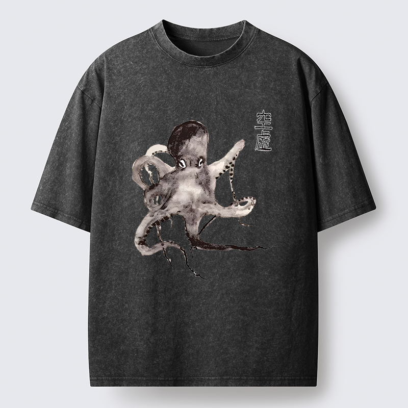 Tokyo-Tiger Octopus Ink Painting Washed T-Shirt