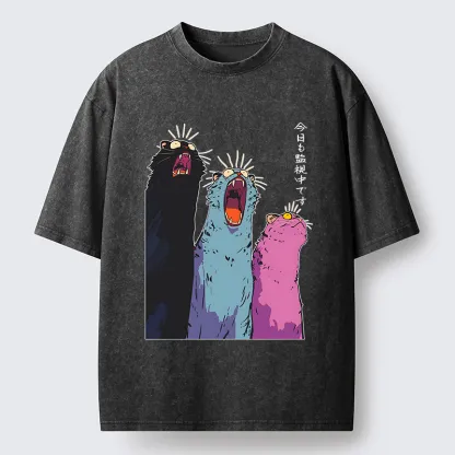 Tokyo-Tiger Howling Cat Washed T-Shirt