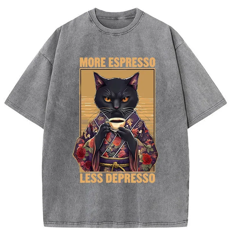Tokyo-Tiger More Espresso Less Depresso Funny Washed T-Shirt