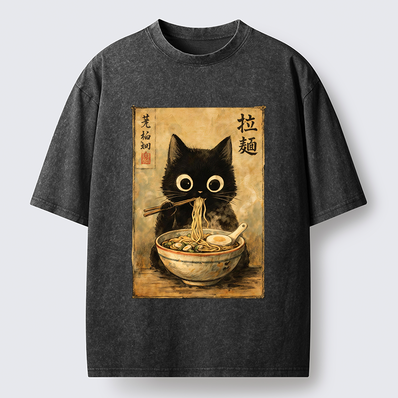 Tokyo-Tiger Cute Black Cat Eating Japanese Ramen Washed T-Shirt