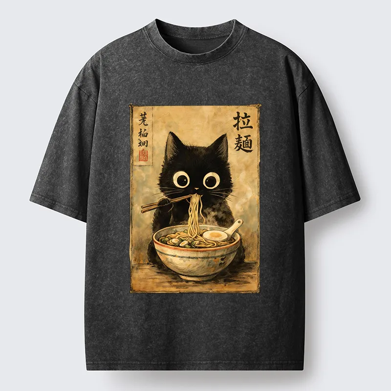 Tokyo-Tiger Cute Black Cat Eating Japanese Ramen Washed T-Shirt