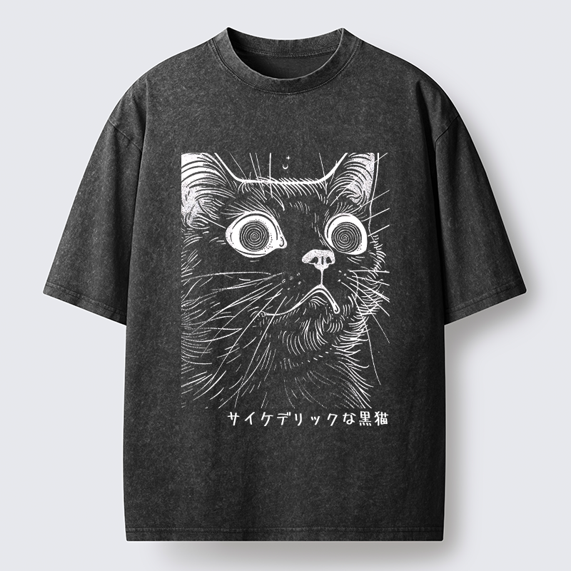 Tokyo-Tiger Trippy Black Cat Washed T-Shirt