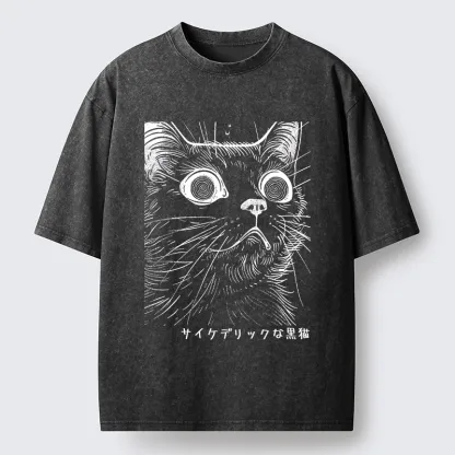Tokyo-Tiger Trippy Black Cat Washed T-Shirt