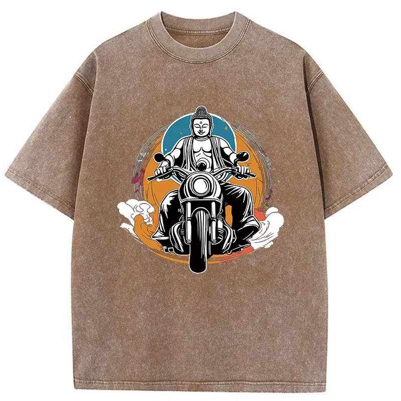Tokyo-Tiger Buddha Riding A Motorcycle Washed T-Shirt
