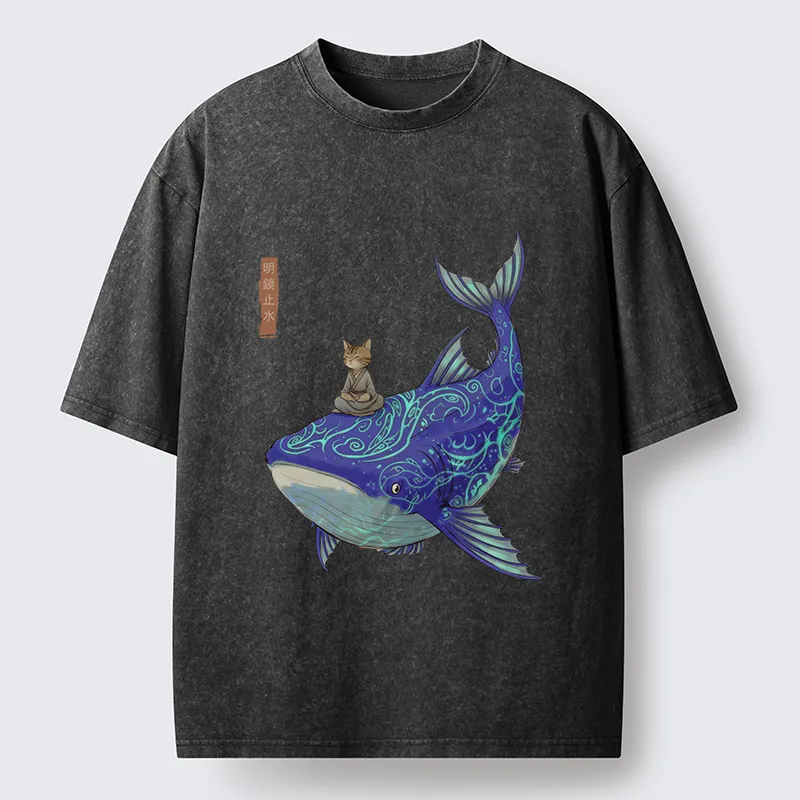 Tokyo-Tiger Cat Riding A Whale Washed T-Shirt