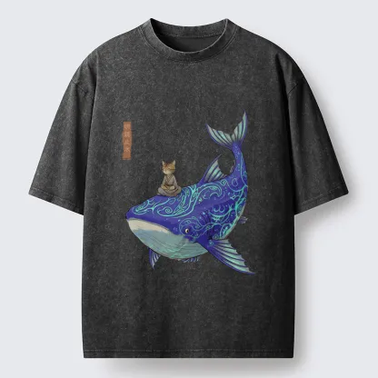Tokyo-Tiger Cat Riding A Whale Washed T-Shirt
