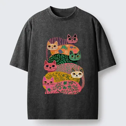 Tokyo-Tiger Colorful Cats Washed T-Shirt