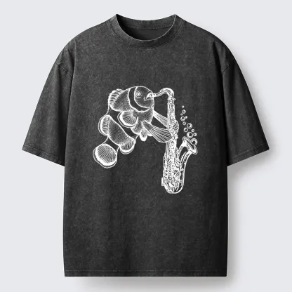 Tokyo-Tiger Clownfish Playing The Saxophone Washed T-Shirt