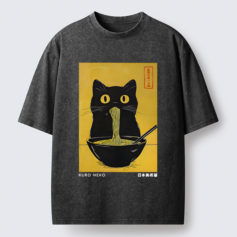 Tokyo-Tiger Black Cat Eats Ramen In Big Bites Washed T-Shirt