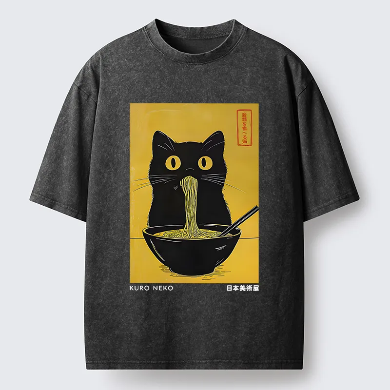 Tokyo-Tiger Black Cat Eats Ramen In Big Bites Washed T-Shirt