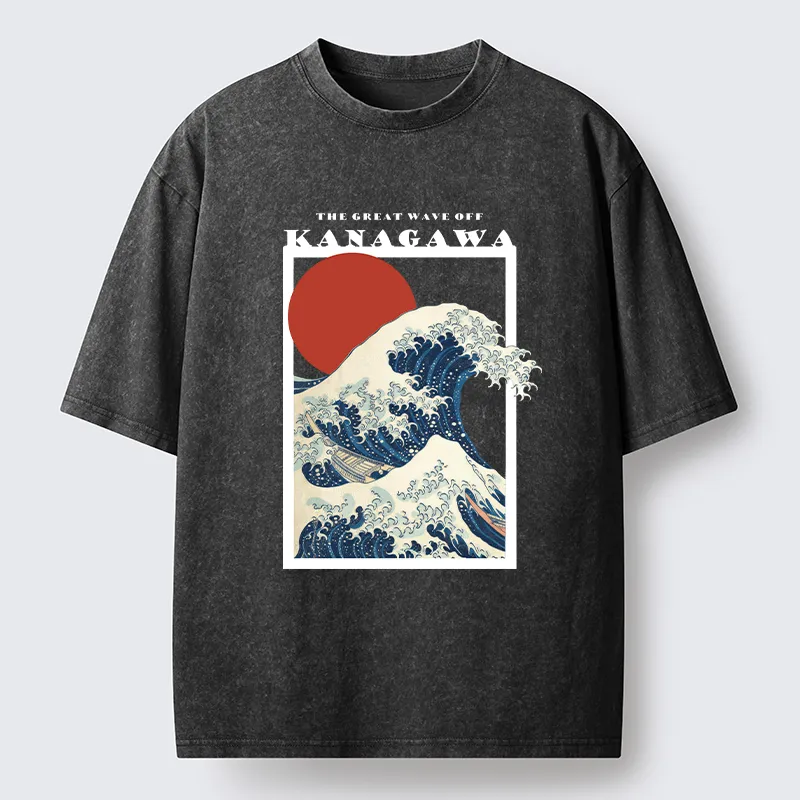 Tokyo-Tiger Minimalist Ukiyo-e Waves Washed T-Shirt