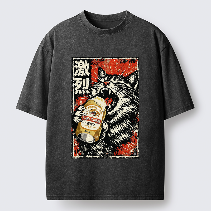 Tokyo-Tiger Cat Drinking Beer Washed T-Shirt